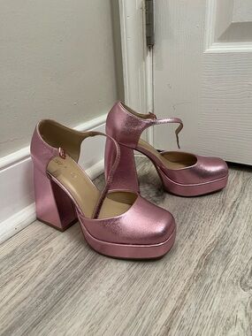 Soda Metallic Rose Pink Platform Mary Jane Heels